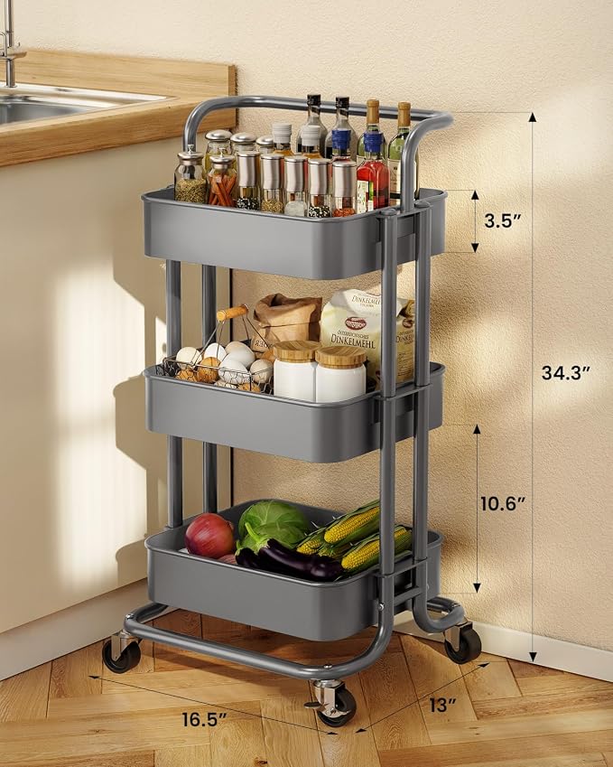 Pipishell Metal 3 Tier Rolling Cart with Handle & 2 Lockable Wheels, Gray | Four Large 2" Wheels for Easy Motion, Sturdy Metal, Hold 22 lbs per Shelf, Ideal for Nursery Room, Living Room, Painting Room - Image 5