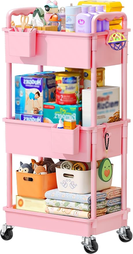 SUNALLY Baby Diaper Caddy Cart, 3 Tier Rolling Diaper Cart for Nursery,Pink | Large Capacity & Easy Assemble Diaper Storage Organizer with Lockable Wheels for Newborn, New Mom, Baby Girl Boy Essentials by SUNALLY