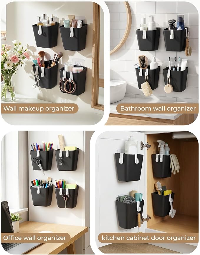 4 Pack Rolling Cart Accessories, Black Craft Cart Cup Holder and 6 Hooks for Utility Carts, Adhesive Kitchen Cabinet Door Storage, Space-Saving Wall Mount Organizer for Bathroom, Office, Makeup - Image 6