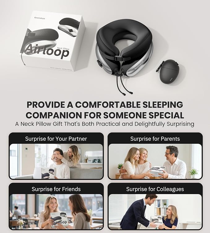 Neck Pillow, Upgraded Adjustable Travel Neck Pillow for Airplane – Patented Inflatable Design with Memory Foam for 360° Ergonomic Head & Neck Support (Gray-M) - Image 8