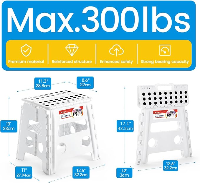 13 Inch Folding Step Stool, Holds 300 lb, for Adults and Kids, White | Heavy Duty Portable Collapsible Foot Stool, Non-Slip Surface for Kitchen Bathroom Bedroom Outdoor, Lightweight with Handle - Image 4