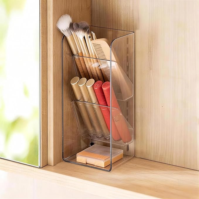 PAVSTINE Medicine Cabinet Organizer with Adjustable Dividers, Clear Open Storage Compartment, Space-Saving Makeup Brush Holder for Bathroom, Wall Cabinet, Vanity Countertop (2-Tier Full Slant) by PAVSTINE