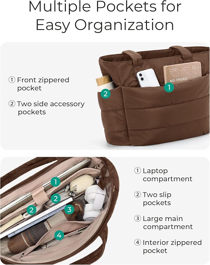 BAGSMART Tote Bag for Women, Lightweight Puffy Tote Bag with Compartments Shoulder Bag Handbag for Travel, Work, Gym | Lightweight - Image 5