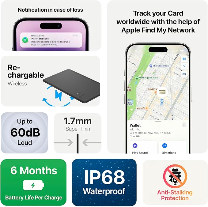 Wallet Tracker Card, Rechargable, Works with Apple Find My, iPhone (iOS Only), Bluetooth Item Locator for Luggage, Bags, Passport, IP68 Waterproof (2 Pack) - Image 3