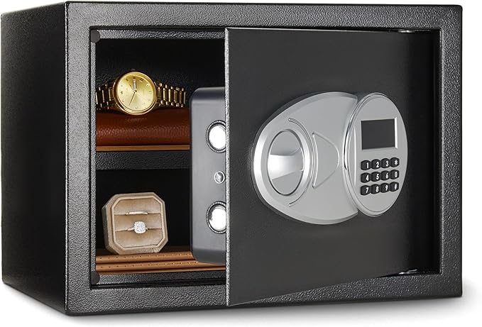Amazon Basics Steel Security Safe and Lock Box with Electronic Keypad, Secure Documents Storage, Black, 0.5 Cubic Feet, 13.8"W x 9.8"D x 9.8"H, Removable Shelf by AmazonBasics