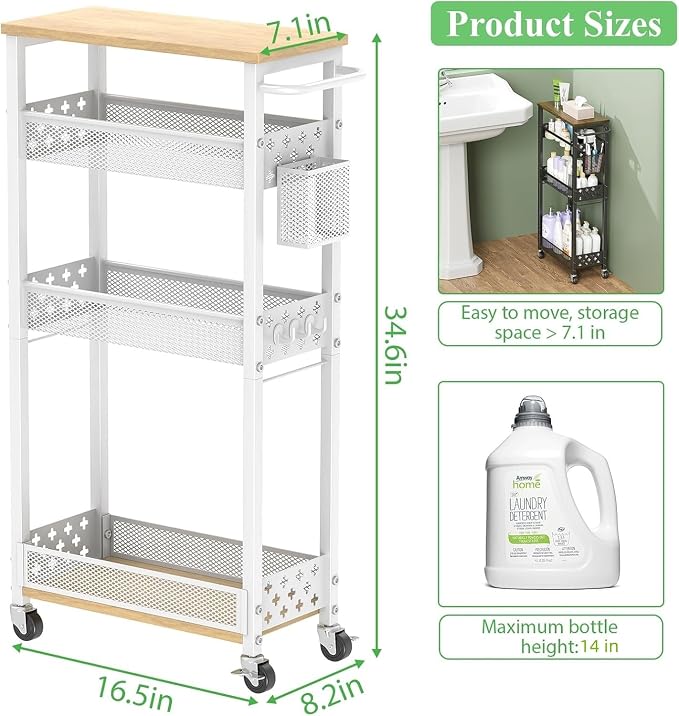 4 Tier Slim Rolling Cart Bathroom Organizer and Storage with Wheels | Narrow metal laundry room cart，kitchen organizer, trolley with handle and mesh basket, 7.1 inch width for small space, white - Image 2
