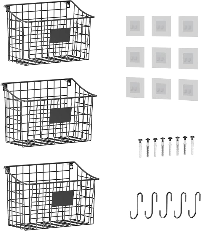 Wall Mounted Bin Basket with 5 Hooks 3 Label Plate Adhesive-3 Pack, Cabinet Hanging Metal Wire Basket,Rustic Farmhouse Decor, Storage Organization Shelf for Pantry Kitchen Bathroom 10.6*7.5*5.1inch by X-cosrack