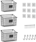 Wall Mounted Bin Basket with 5 Hooks 3 Label Plate Adhesive-3 Pack, Cabinet Hanging Metal Wire Basket,Rustic Farmhouse Decor, Storage Organization Shelf for Pantry Kitchen Bathroom 10.6*7.5*5.1inch by X-cosrack