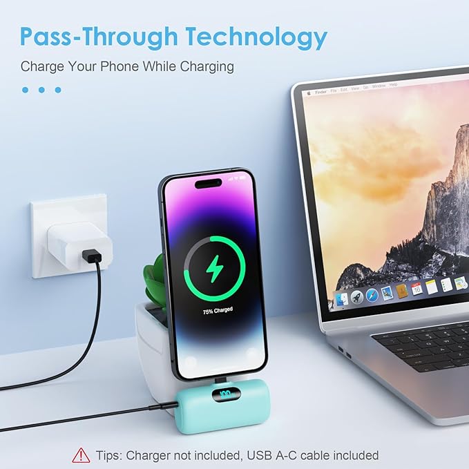 Mini Portable Charger USB C Power Bank,5000mAh PD Fast Charging Battery Pack Built-in USB-C Connector Travel Essential for iPhone17/Pro/17Pro Max/16e/Air/16 Plus/16Pro Max/15 All Series,Android Green - Image 2