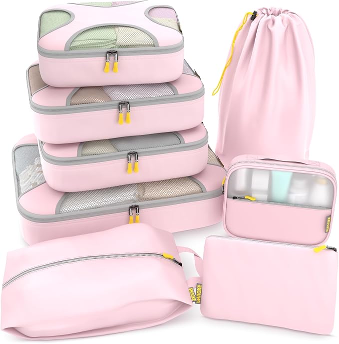 Shacke 8 Set Packing Cubes for Travel, Shoe & Toiletry Bags (Petal Pink) | Complete Suitcase Organizer Bags Set: 4 Luggage Packing Cubes + Laundry, Shoe, Toiletry & Accessories Bags for Any Trip by Shacke