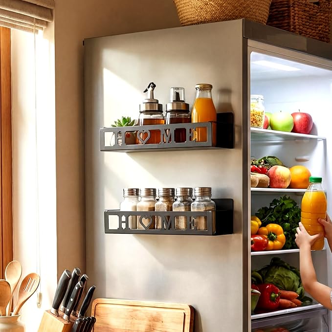 Beeveer 2 Pcs Magnetic Spice Rack for Refrigerator, Black Home | Magnetic Design, No Drilling, Farmhouse Kitchen Decor Home Accessories, 2 Sizes Metal Storage Shelf for Fridge Spices - Image 2
