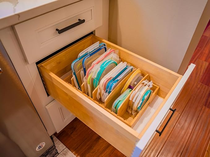 Extra Large Bamboo Food Container Lid Organizer for Kitchen Cabinet | Adjustable Slots - Tall Dividers for Large Lids - Premium Bamboo, Pretty Color - Versatile Caddy in Drawer - Anti-Skid Pads - Image 6