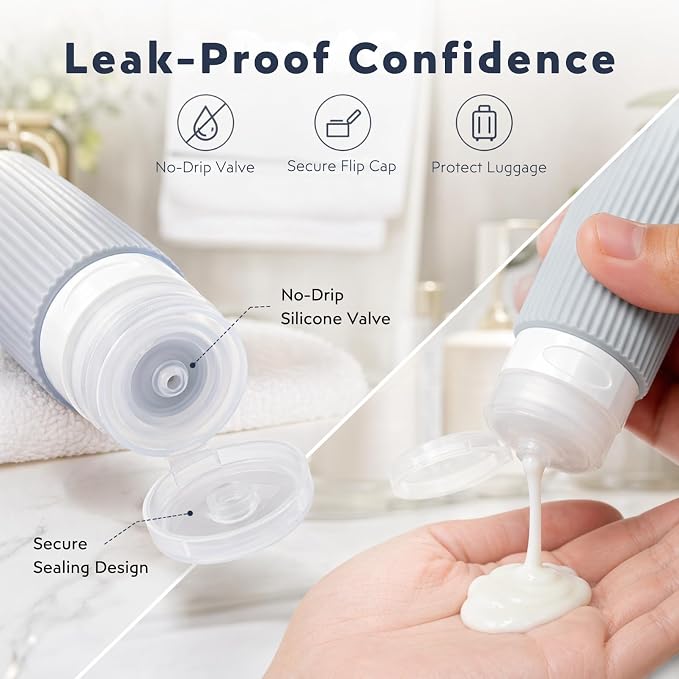 16 Pack Travel Bottles Set - TSA Approved Toiletry Bottles, Leak Proof Refillable Silicone Travel Size Containers with Jars, Spray Bottles, Funnel, Brush & Clear Bag for Carry-On, Camping & Vacation - Image 3