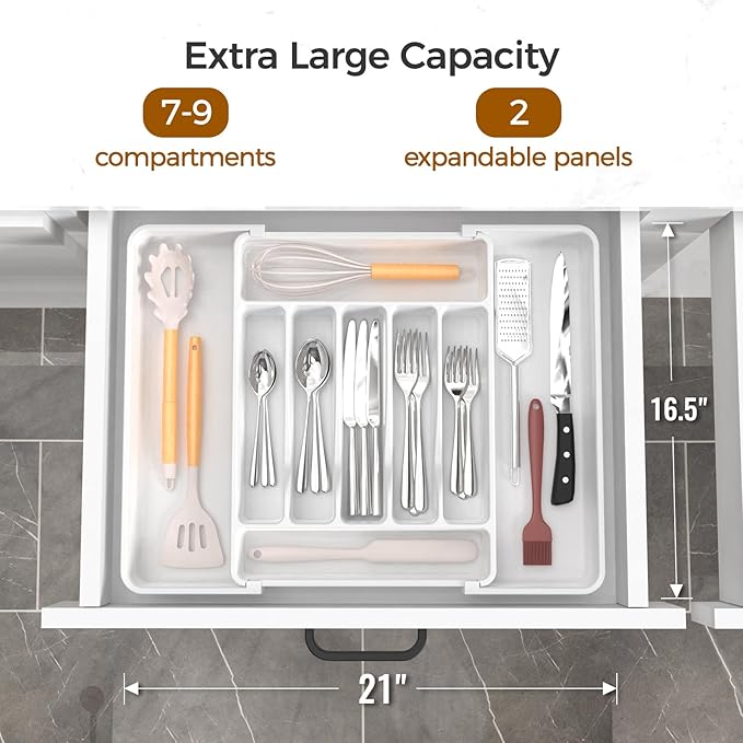 ukeetap Extra Large Expandable Silverware Organizer, Flatware Tray,White | BPA-Free Food-Safe Kitchen Utensil Cutlery Drawer Organizer, Adjustable Silverware Holder for Spoons Forks Knives - Image 2