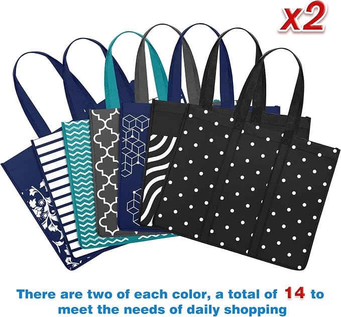 14 Pack Reusable Grocery Bags Waterproof Tote Bags for Shopping Groceries | 35L Large Capacity, Heavy-Duty, Waterproof, Lightweight, Foldable Tote with Sturdy Handles, Polka Dot Design - Image 7