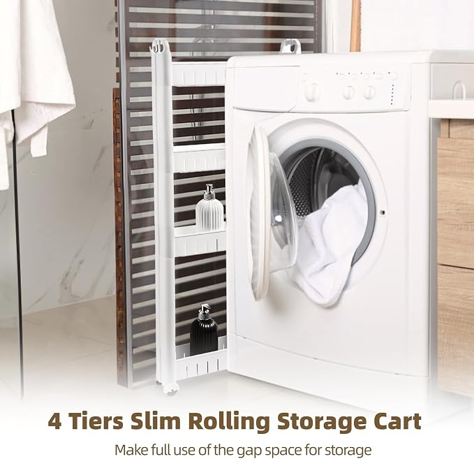4 Tiers Slim Rolling Storage Cart, 3.5 in Slim Slide Out Bathroom Organizer Cart, Tiered Storage Rack with Wheels, Narrow Mobile Utility Cart for Laundry Room, Kitchen, Office, Sturdy Room - Image 2