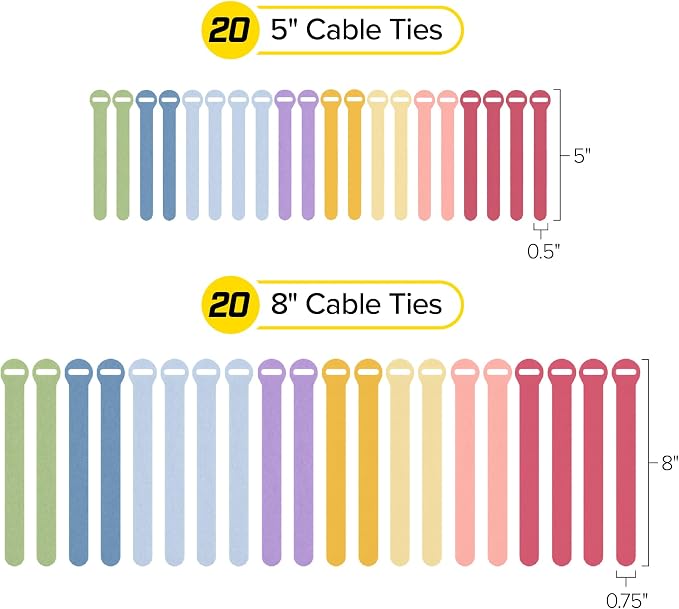 Self-Gripping Cable Ties by Wrap-It Storage - Assorted 40-Pack Macaron | Reusable Hook and Loop Cord Wraps for Home Office Desk Organization - Image 4