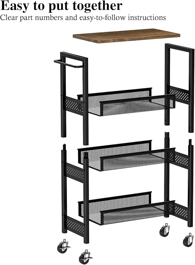 OKZEST 4-Tier Slim Rolling Storage Cart for Bathroom, Laundry Room, Kitchen | Upgraded metal hub casters, Narrow utility cart for small space/gaps, Premium wood top & metal mesh shelf, with handle & hook - Image 9