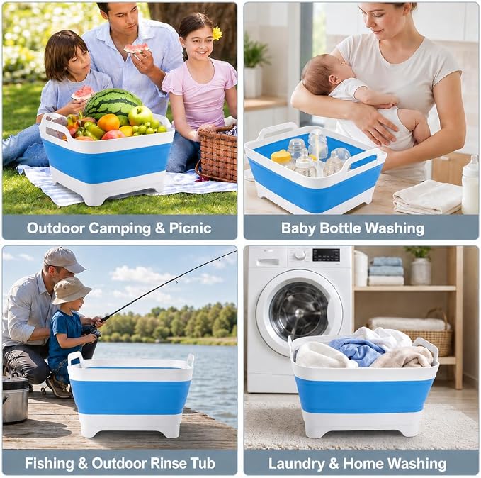 2.4 Gal(9L) Collapsible Dish Basin with Drain Plug, Space Saving Outdoor Multiuse Foldable Sink Tub, Dishpan, Kitchen Storage Tray for Camping, Vegetable Washing, RV (Blue) - Image 7