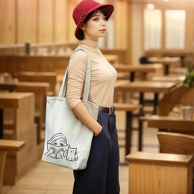 itgowisa Canvas Tote Bag for Women, Tote Bag with Zipper Inner Pocket, Zippered Canvas Bag for Shopping Work Grocery Everyday - Image 2