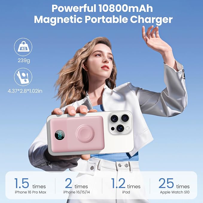 Magnetic Portable Charger 10800mAh with Built-in Cables,Wireless Power Bank for Magsafe,25W PD Fast Charging USB-C Travel Essentials Battery Pack for iPhone 17/16/15/14/13/12 Series,Apple Watch-Pink - Image 2