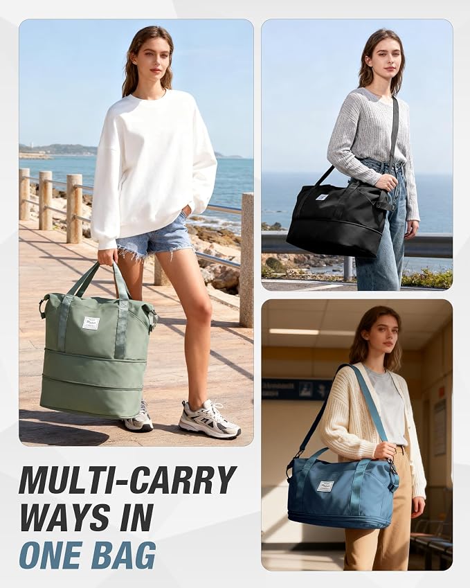 Foldable Travel Bag Expandable Duffle Bag for Women Men, Large Weekend Bags | Waterproof Carry On Personal Item Duffel Bag 40L Double-layer, Overnight Weekender Bags with Luggage Sleeve, Peacock Blue - Image 2