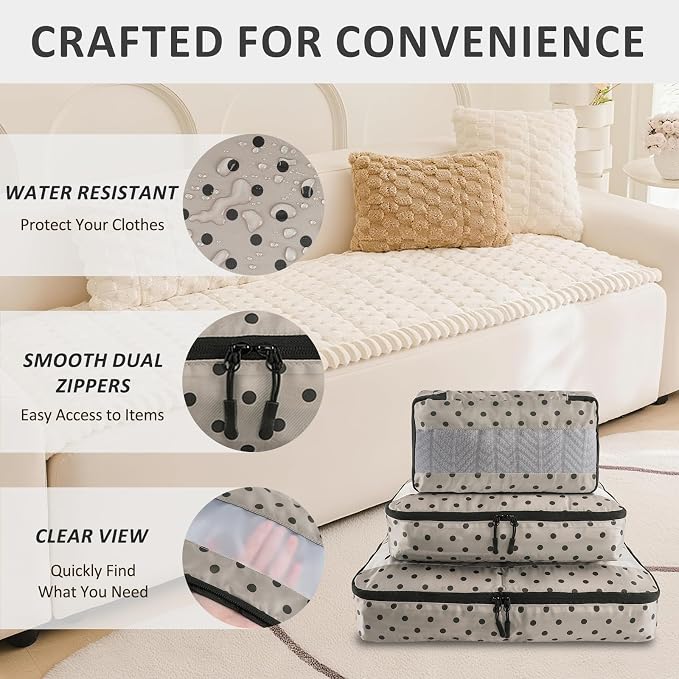 U+U 5 Set Packing Cubes, Travel Organizers with Shoe Bag (Brown Polka Dot) | Ultralight Design & Easy Travel Organization - Image 2