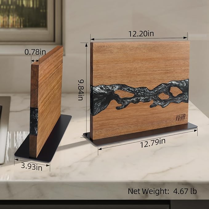 Magnetic Knife Block, Double-Sided Knife Holder with Strong Magnets, Acacia Wood and Black White Resin, Countertop Kitchen Knife Storage Stand (12 × 10 Inches, Without Knives) - Image 7