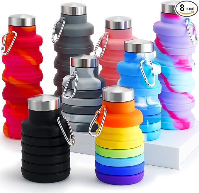 FillTouch 8 Pcs Collapsible Water Bottles 17oz Silicone Reusable Foldable Water Bottles with Carabiner Lightweight BPA Free Expandable Leakproof for Gym, Travel Camping, Hiking Outdoor Indoor Sport by FillTouch