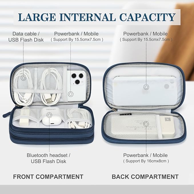 FYY Electronic Organizer, Travel Tech Pouch Bag, Cable Organizer Navy | Wrist Strap, Waterproof, Double Layers Portable Electronics Travel Carrying Case for Cord, Charger, Daily Business Trips Use - Image 3