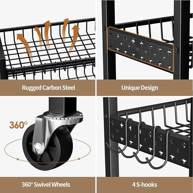 6 Tier Slim Storage Cart, Narrow Rolling Cart with Wheels, 10in(W) | Narrow Mobile Utility Shelf Unit Organizer for Kitchen, Bathroom, Laundry Room, Living Room, Small Places, Black - Image 5