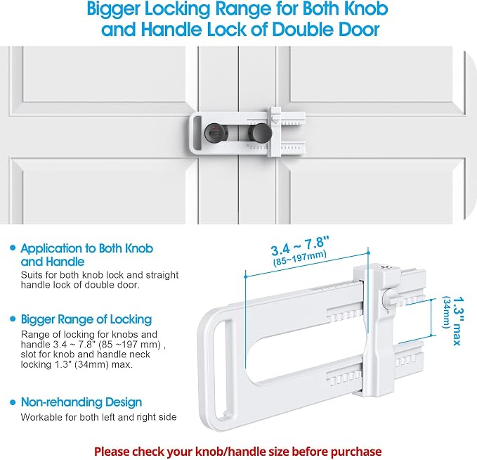 AST Childproof Double Door Security Lock, Adjustable Keyed French Door Lock | Lockout device for knobs and handles of double doors, prevent kick ins, Kids proof barricade, bigger adjustment, matte white - Image 2