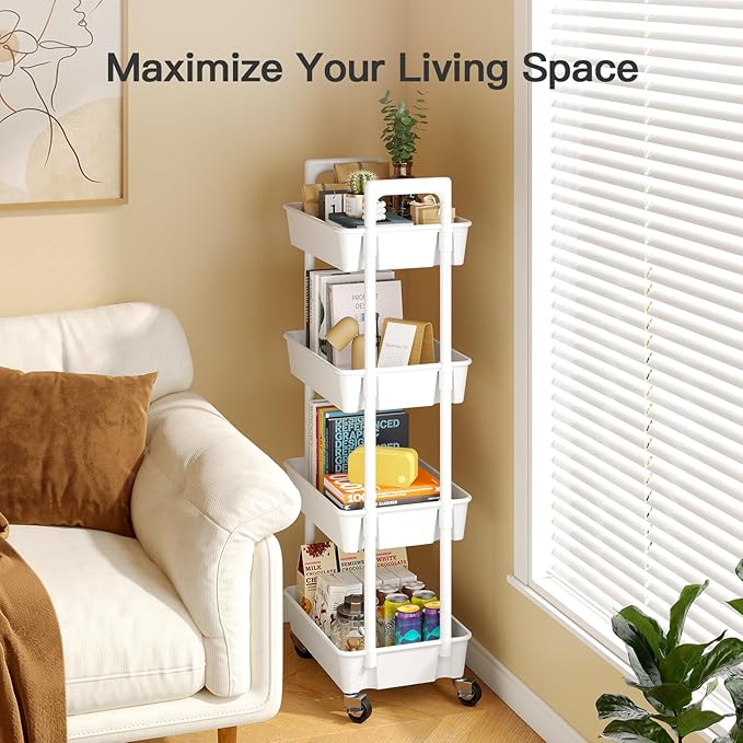 Pipishell 4 Tier Rolling Cart Organizer, Plastic Rolling Cart with Lockable Wheels & Reinforced Handle, Lightweight Utility Storage Cart for Nursery, Kitchen, Craft Room, White - Image 5