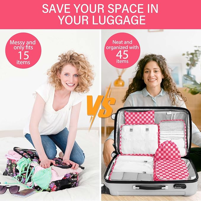 KPX 8 Set Packing Cubes for Travel, Luggage Packing Organizers Accessories Large Toiletries Bag for Clothes Shoes Cosmetics (8Set-Rose Checkered) - Image 5