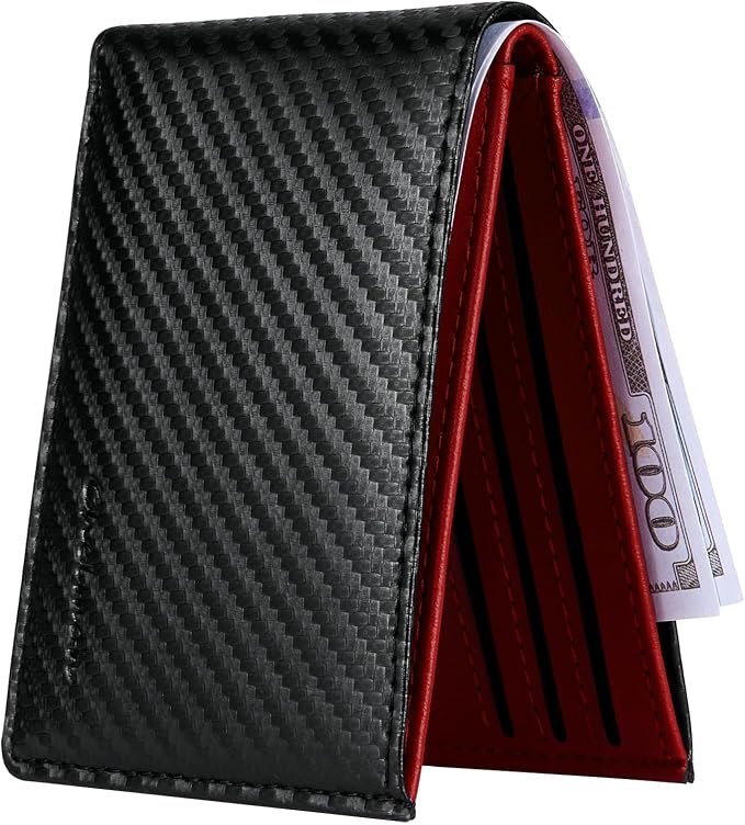 Chelmon Slim Wallet for Men ID Window with RFID Blocking Front Pocket Minimalist Bifold Bussiness Card Holder Gift for Men, Carbon Black & Red by Chelmon