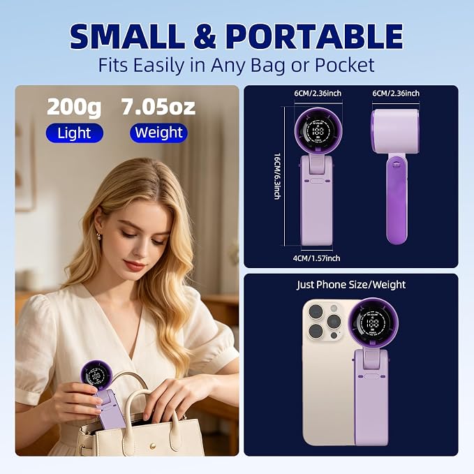 3 IN 1 Portable Handheld Mini Fan, Compact Personal Cooling, 100Speeds, Rechargeable, Quiet Operation, USB-C, for Travel, Office, Outdoor (Purple) - Image 2