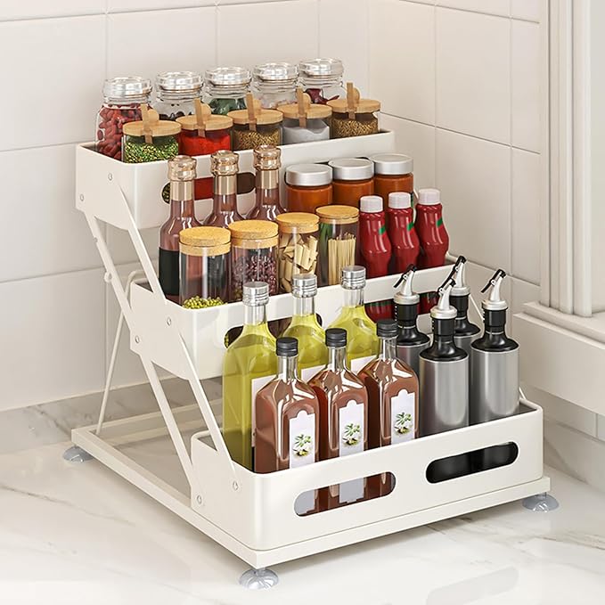 Ceetug 3 Tier Foldable Spice Rack, White | Iron, For Countertop, Kitchen Seasoning Organizer, For Cabinet by ceetug