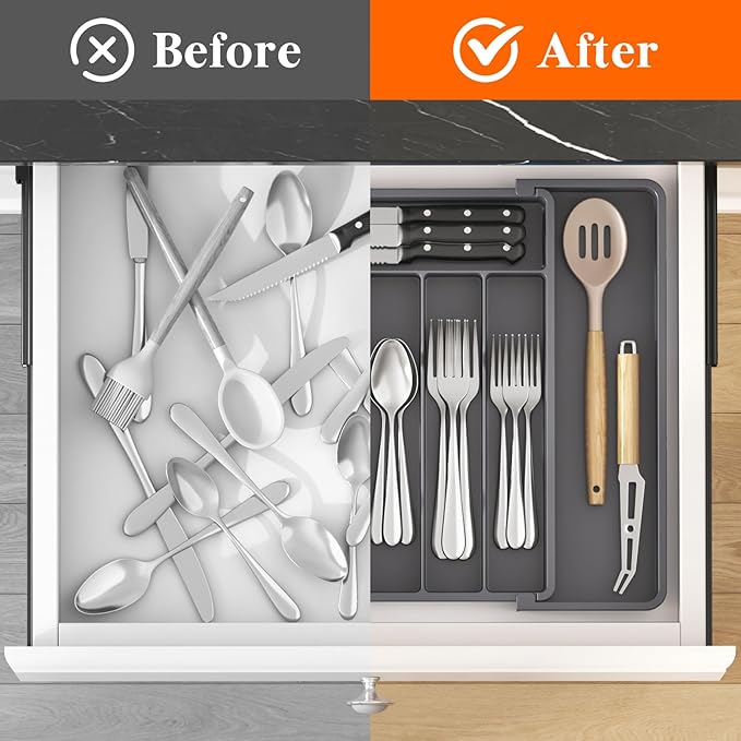 Lifewit Expandable Silverware Drawer Organizer, Kitchen Utensil Tray | BPA-free Plastic Flatware Cutlery Holder, Space-Saving Storage for Spoons Forks Knives, 11-18 x 14 x 1.5“, Dark Gray - Image 5