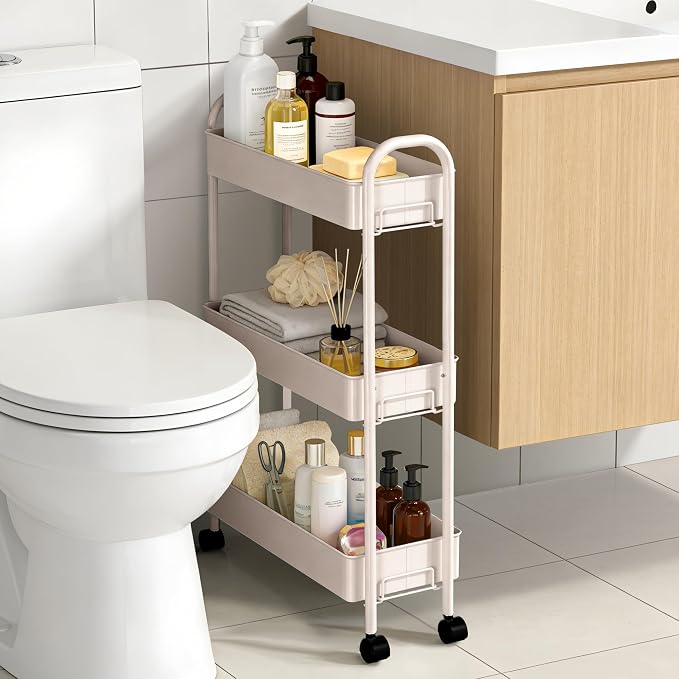Slim Rolling Cart, Metal Frame Utility Rolling 3-Tier Narrow Storage Cart | Kitchen Storage Organizer, Mobile Shelving Unit for Bathroom Kitchen - Image 4