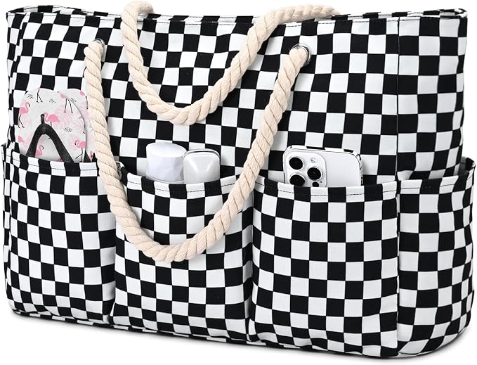 Becokan Beach Bags for Women Canvas Large Beach Tote Bag Zipper Waterproof Sandproof Foldable Swim Pool Bag with 7 Pockets by BecokanBeachBagSpecialist