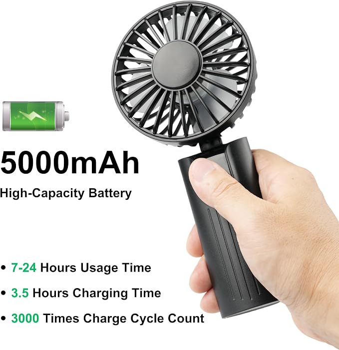 Portable Handheld Fan 5000mAh, Rechargeable Mini Fan with LED Display, 180° Foldable Small Desk Fan, 4 Speeds Quiet Personal Fan for Travel Makeup Office Outdoor - Black - Image 8