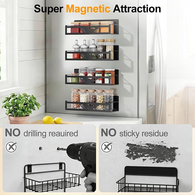 Magnetic Spice Rack for Refrigerator, 4-Pack Metal Seasoning Organizer for Kitchen Storage Organization, Magnetic Shelf for Fridge Space Saving Spice Organizer, Black - Image 7