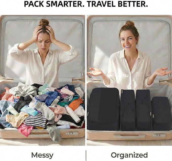 4 Piece Compression Packing Cubes for 3–7 Day Travel, Jet Black | Wrinkle-Resistant Memory Fabric, Breathable Mesh Panel, Double-Zipper, Small to Large Size Bag, Smart Organization - Image 5