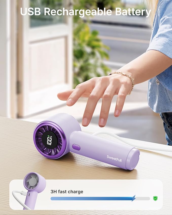 SWEETFULL Portable Handheld Fan, Mini Rechargeable Personal Hand Fan | Strong Airflow, Pocket-Sized, Up to 12H, 5 Speeds, Quiet Cooling Travel Essentials, Cute Gifts for Women, Girls, Lash, Makeup - Image 5