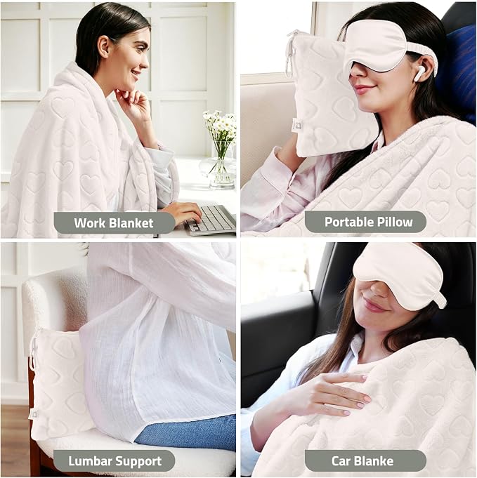 Travel Blanket, Airplane Blanket, Ultra-Soft, Warm & Lightweight, 65x40 in, Outdoor Blanket Essentials for Women, Men & Kids, Included Eye Mask, Luggage Sleeve & Backpack Clip Heart Cream - Image 5