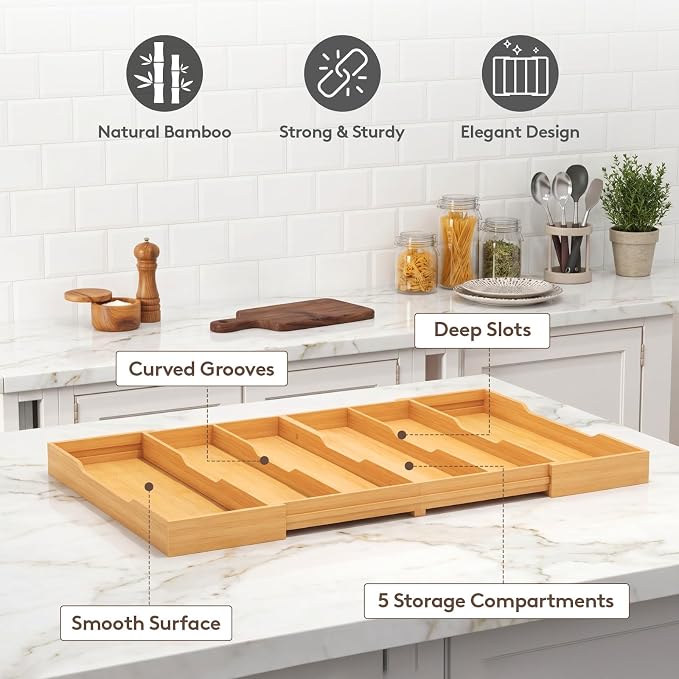 Lifewit Bamboo Utensil Organizer for Kitchen Drawer, Cooking Utensil Tray | Expandable Cutlery Silverware Flatware Holder, Wood Adjustable Spatula Tools Storage Divider, 17.8-28.3 x 17", Natural - Image 9