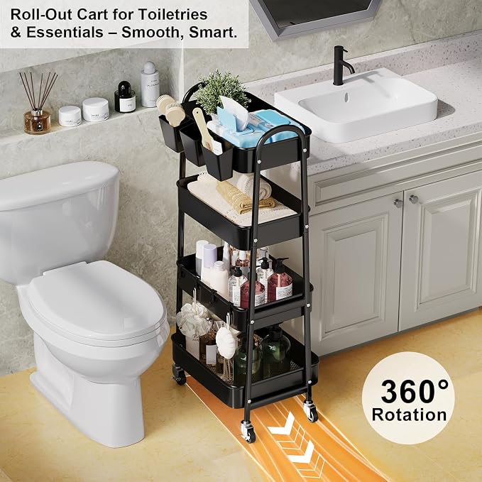 Black 4 Tier Rolling Cart Metal with Lockable Wheels, Four Tiered,38in Tall | Storage Rolling Cart on Wheels, Heavy Duty Utility Organizer Carts for Laundry, Kitchen, Dorm, Craft, Art, Snack, Mesh Basket - Image 7