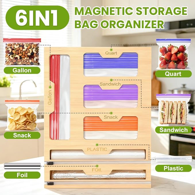 6-in-1 Magnetic Food Bag Storage Organizer for Drawer and Refrigerator, Bamboo Bag Organizer and Plastic Wrap Dispenser with Cutter, Fits Gallon, Quart, Sandwich, Snack Bags - Image 2