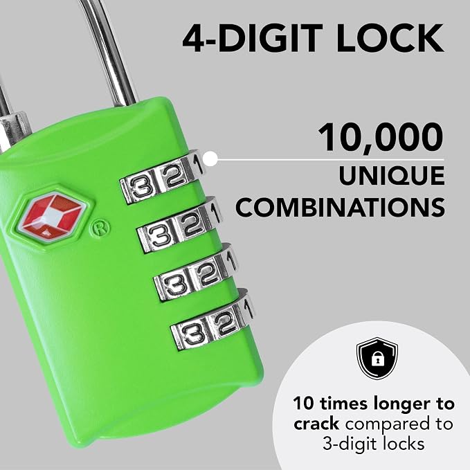 TSA Luggage Locks 2 Pack – 4-Digit Steel – Green | Keyless padlock for backpacks, travel suitcases, toolbox, filing cabinets, baggage & gym locker - Image 6