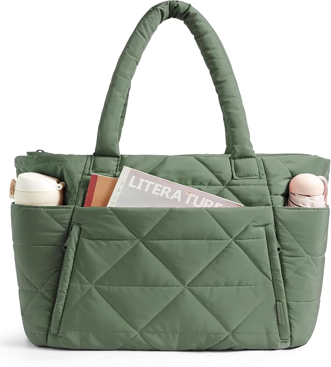 BAGSMART Tote Bag for Women, Puffer Tote Bag with Zipper, Large Quilted Shoulder Bag with Compartments for Travel, Work, Gym by BAGSMART